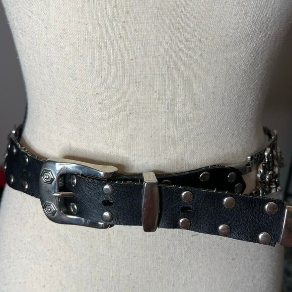 Biker Belt in Black Leather w/Silver Metal Links of Skeleton on Motorcycle main image 6